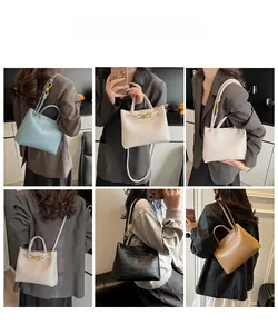 Collage of four crocodile pattern handbags showing crossbody and shoulder wear styles