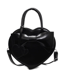 Sac à main élégant noir en forme de cœur avec grand nœud et deux pendentifs cœur