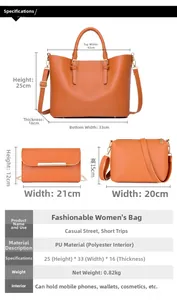 Three-piece orange tote bag set with detailed dimensions and layout in minimalist view