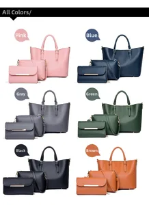 Three-piece women bag set showing tote, shoulder bag, and pouch in six colors