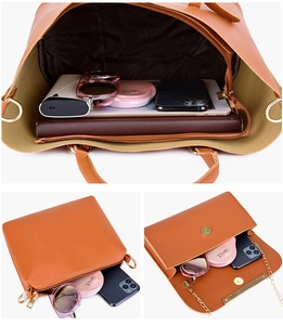 Internal storage detail of caramel leather tote bag set with tablet and accessories