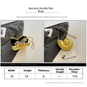 Size chart for golden shell acrylic evening bag with 110cm gold chain strap dimensions