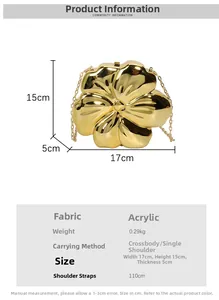 Detailed view of flower-shaped acrylic evening clutch with gold finish and chain strap