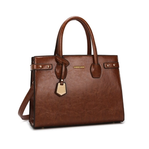 Brown faux leather tote bag with lychee texture and gold metal accents for business