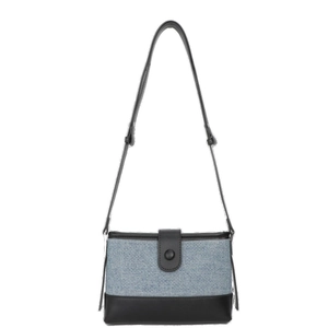 Minimalist blue denim and black leather contrast shoulder bag with retro magnetic buckle