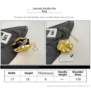 Detailed size guide for gold flower acrylic evening bag with 110cm chain strap
