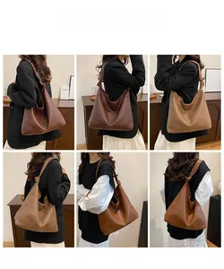 Collage of large hobo tote bags with knot strap detail in brown, khaki, and caramel