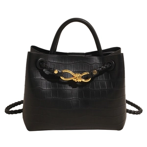 Black crocodile pattern tote bag with gold metal buckle and woven strap for daily commuting