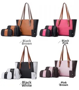 Detalle del juego de bolsos de 4 piezas en negro, marrón, blanco y rosa con textura granulada