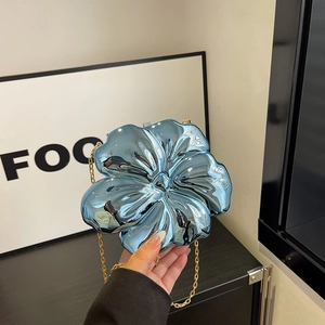 Metallic blue flower acrylic evening clutch bag with golden chain strap for women
