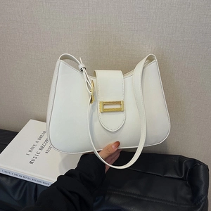 Minimalist white faux leather shoulder bag with elegant gold metal buckle closure