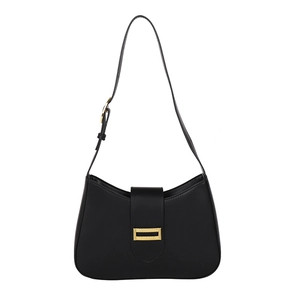 Chic black leather underarm bag for women with vintage gold metal buckle detail