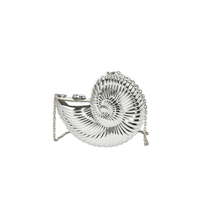 Silver nautilus shell clutch bag with metallic chain and mirror-finish electroplating