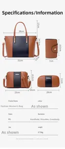 Guide des tailles détaillé d'un ensemble de 4 sacs à main en cuir PU avec cabas et pochette