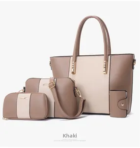 Détail d'un ensemble de 4 sacs kaki comprenant cabas, sac bandoulière, portefeuille et porte-carte