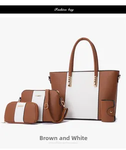 Détail d'un ensemble de 4 sacs cabas patchwork marron et blanc avec finitions dorées