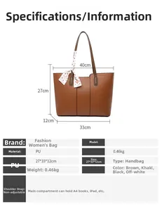 Tableau des tailles détaillé du grand sac cabas en cuir PU marron avec foulard en soie
