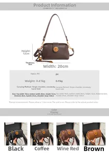 Detailed size chart and multi-color specifications for vintage PU leather satchel bag