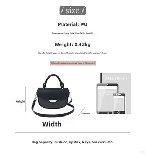 Detailed size chart for black PU leather crossbody bag showing dimensions and proportions