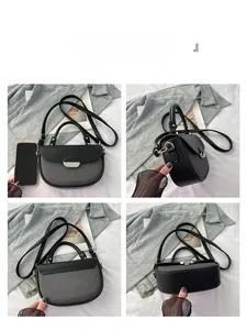 Multi-angle details of a black saddle bag with smooth leather and textured fabric panels