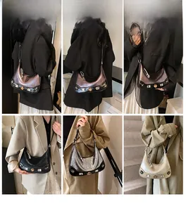 Collage of model styling chic crescent hobo bags with metallic studs and rhinestones