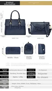 Detailed size chart for 5-piece embossed PU leather handbag set with dimensions