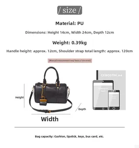 Detailed size specifications of the retro brown Boston bag with dimension annotations