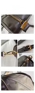 Detailed views of dark brown Boston bag featuring vintage gold hardware and herringbone lining