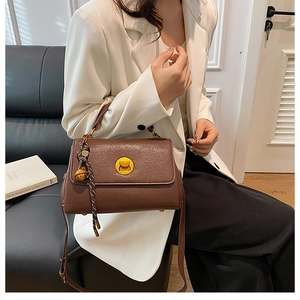 Detail of dark brown pebble leather bag with gold buckle and woven rope accessory