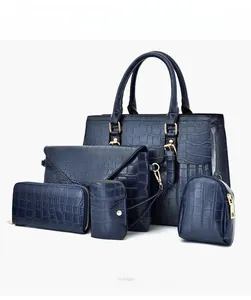 Five-piece blue handbag set with crocodile pattern embossing and gold hardware
