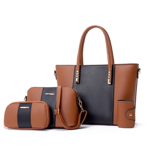 Ensemble 4 pièces sac cabas vintage avec sac bandoulière et pochette en PU marron et noir