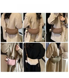 Collage of knot-strap hobo bags in four colors shown with diverse casual outfits