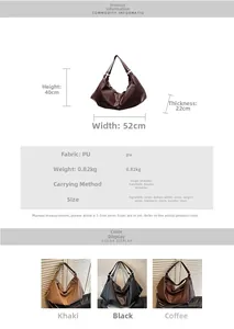 Detailed size chart and dimensions of the large capacity PU leather pleated tote bag