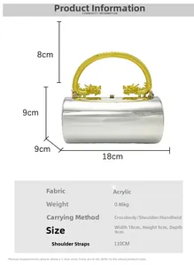 Size chart for silver acrylic cylindrical clutch with dimensions and strap length details