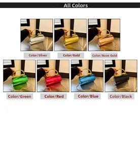 Collage showing colorful acrylic clutch bags with dragon handles and metal chains