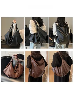 Detail shots of large slouchy leather tote bags in black and brown with wide straps