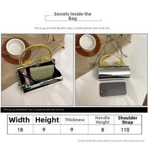 Size chart for silver acrylic box clutch bag with dimensions and capacity details