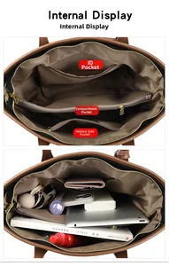 Detailansicht der Innenausstattung einer großen braunen Shopper-Tasche mit Fächern
