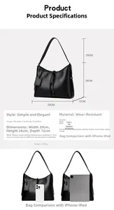 Detailed size specifications for the black tote bag with dimensions and capacity comparison