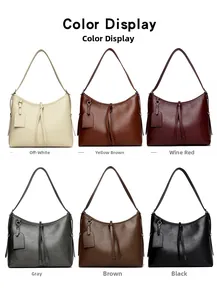 Detailed color display of hobo handbags in off-white, brown, grey, black and wine red