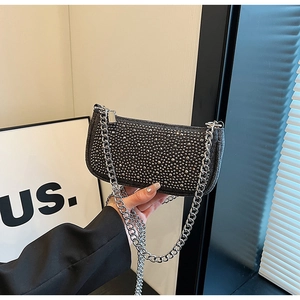 Sparkly rhinestone hobo bag with silver chain strap for women, trendy evening shoulder bag