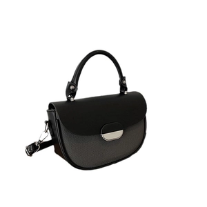 Fashionable black patchwork saddle bag with metal buckle and detachable shoulder strap