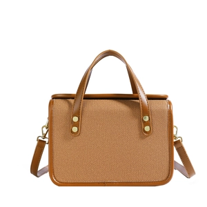 Sac bandoulière marron en toile et cuir avec clous dorés rétro et doubles poignées