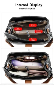 Internal display of bucket bag with multiple storage compartments and brown lining
