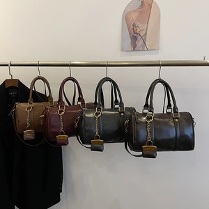 Boston Bag For Women PU Leather Retro Cylinder Handbag With Mini Purse Charm Crossbody Shoulder Bag For Daily Commuting