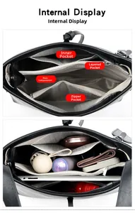 Internal layout of large black crossbody bag showing multiple pockets and storage capacity