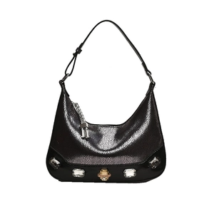 Chic snakeskin texture crescent underarm bag with decorative crystal skull ornament