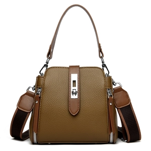 Retro Litchi Grain PU Leather Bucket Bag For Women Contrast Color Wide Strap Handbag Crossbody Shoulder Bag Simple