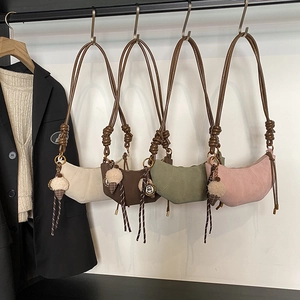 Women PU Matte Half Moon Crossbody Bag Croissant Dumpling Shoulder Handbag With Knotted Strap And Decorative Charm