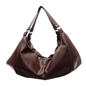 Minimalist large brown hobo tote bag in litchi grain faux leather for women